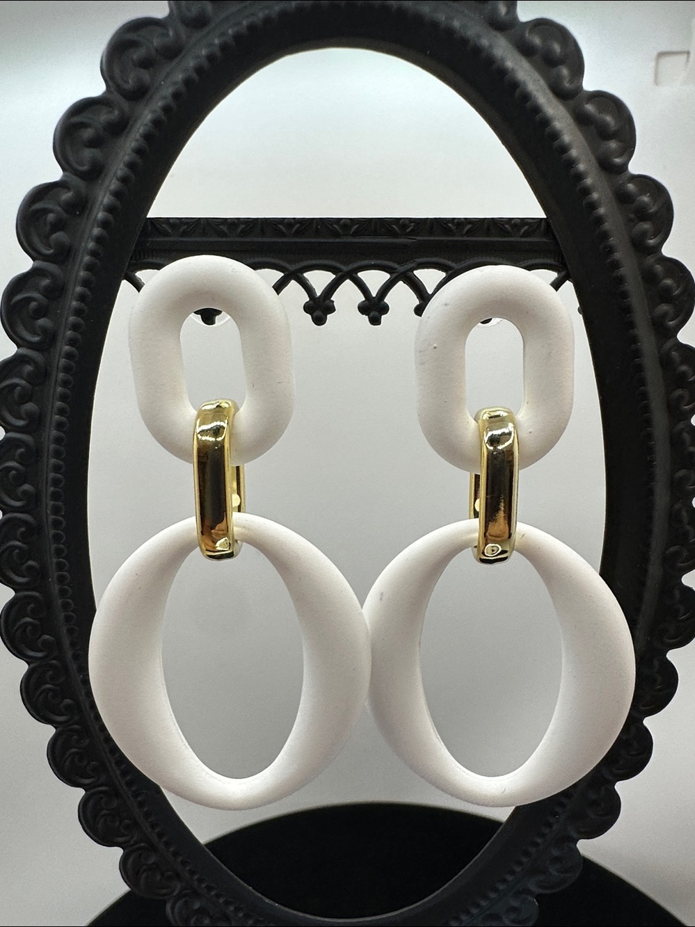 🧡White Hoop Drop Earrings with Gold Accents🧡